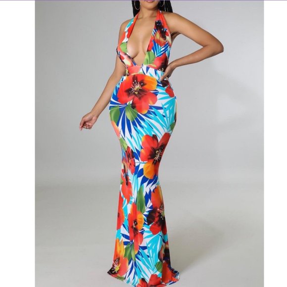 Codigo Dresses & Skirts - Codigo Tropical Floral Printed Maxi Halter Tie Dress White Orange multi New
